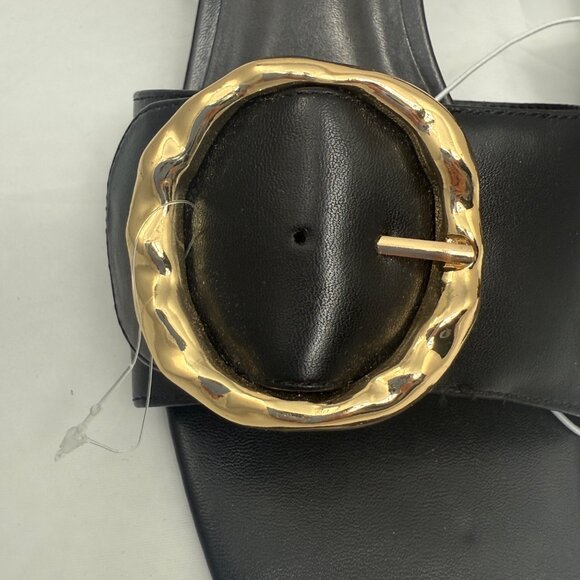 A New Day Womens Faux Leather Slides With Gold Buckle Black Sz 11 Block Heel - Picture 8 of 10